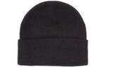A black acrylic beanie with Thinsulate lining, featuring a cuffed design and a logo.