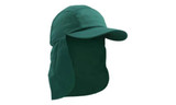A dark green legionnaire cap with a wide brim and neck flap, featuring a logo on the front.