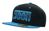 A black cap with a blue flat brim and a logo on the front. The design features a bold blue text.
