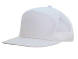 A white A-frame cap with a mesh back, featuring a solid front panel and a flat brim.