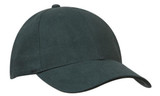 A dark green cap with a rounded brim and a smooth fabric finish. The cap features a logo on the front.