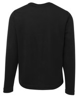 A black long-sleeve T-shirt featuring a textured back and a simple design. It includes a logo.