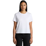 A white t-shirt with short sleeves, featuring a classic crew neckline and a fitted style. It has a branding logo.