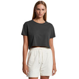 A cropped t-shirt in dark grey, paired with light-coloured shorts, featuring a simple design and a logo.