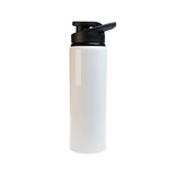 A drink bottle featuring a sleek white design with a black free flow lid and a branding logo.