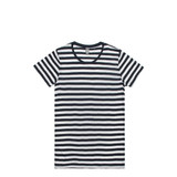 A striped t-shirt featuring horizontal black and white stripes with a classic crew neckline and short sleeves.