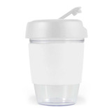 A drink bottle featuring a clear lower section and a white silicone band, topped with a matching white lid.