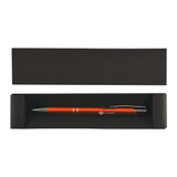 A black cardboard pen box containing an orange pen, featuring a logo on the pen.