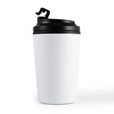 A reusable coffee cup with a sleek white exterior and a black lid featuring a sip opening.