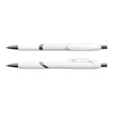 A set of two white pens with chrome accents, featuring a textured grip and click mechanism for easy use.