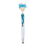 A stylus pen featuring a blue-haired character on top, with a white and blue barrel and a black tip.