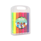 A clear storage case containing eight felt tip pens in vibrant colors: yellow, orange, pink, and purple.