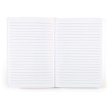 A bamboo notebook with blank, lined pages. The notebook is open, displaying two pages of horizontal lines for writing.