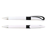 A white plastic pen with a black grip and distinctive hook design. It features a polished silver clip and tip.