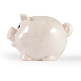 A cream-colored piggy bank with a round body, small ears, and a tail, featuring a cartoonish eye.