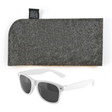 A pair of white sunglasses with gray lenses accompanied by a gray felt case.