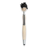 A stylus pen with a playful character on top, featuring a beige body, black hair, and a striped tie design.