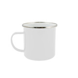 A white enamel mug with a silver rim, designed for drinking beverages.
