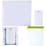 A microfiber lens cloth with screen cleaner in various sizes, featuring white and transparent packaging with a green zipper.