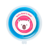 A container of blue putty with a circular lid featuring a bear illustration and a colorful design. A container of blue putty with a circular lid featuring a bear illustration and a colorful design.