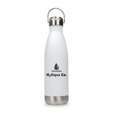 A drink bottle in white with a stainless steel base and a hanger lid, featuring a logo.