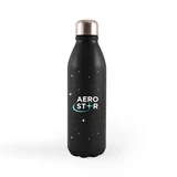 A drink bottle in matte black with a metal cap and a logo featuring stars and a light blue design.