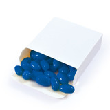 A white box filled with vibrant blue jelly beans. The box is partially open, revealing the candies inside. A white box filled with vibrant blue jelly beans. The box is partially open, revealing the candies inside.