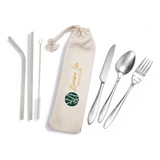 A stainless steel cutlery and straw set in a calico pouch, featuring a fork, knife, spoon, and straw with a cleaner.