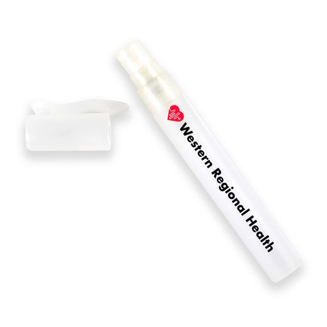 A clear liquid hand sanitiser stick with a white cap and branding on the side. A clear liquid hand sanitiser stick with a white cap and branding on the side.