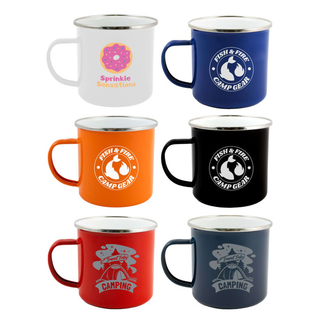 A collection of six enamel mugs in white, blue, orange, black, red, and dark blue, each featuring different logos. A collection of six enamel mugs in white, blue, orange, black, red, and dark blue, each featuring different logos.