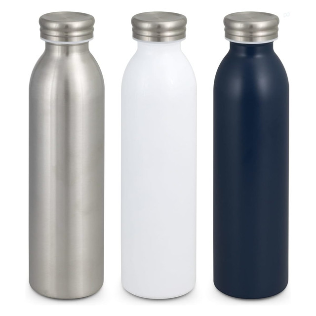 A drink bottle trio featuring stainless steel, matte white, and navy blue finishes, all with metallic caps.