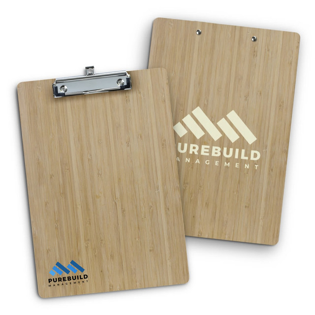 A bamboo clipboard with a silver clip, featuring a logo on one side and a natural wood finish.