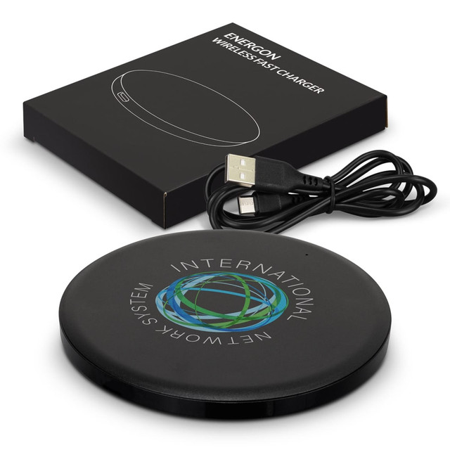 A black wireless charger with a circular design, accompanied by a USB cable and a branded packaging box.