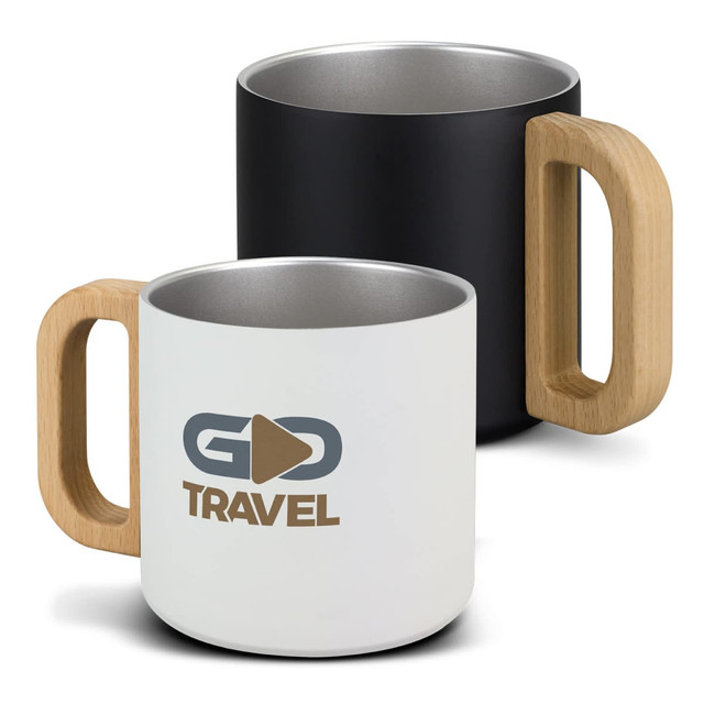 A drink bottle featuring a black and a white mug, both with a metallic interior and wooden handles.