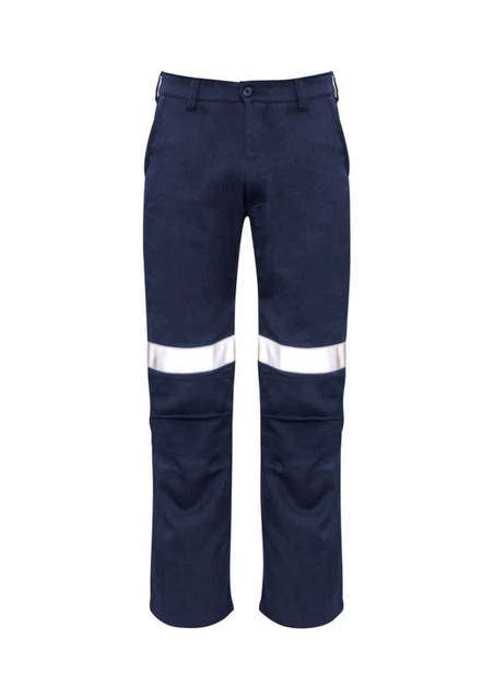 Navy work pants featuring reflective tape detail, designed in a traditional style with a logo present.