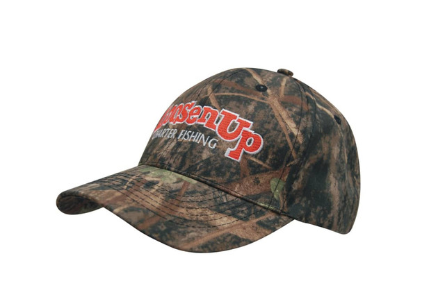 A camouflage cap featuring a bold logo on the front, with various shades of green and brown throughout the design.