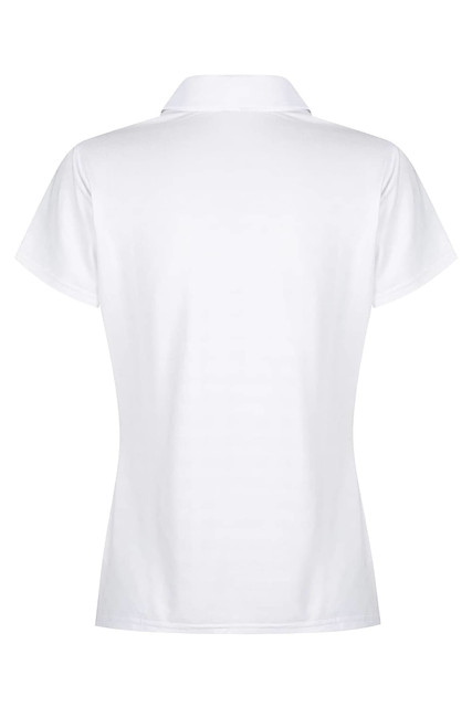 A white polo shirt with a classic collar, featuring a back view. The shirt has a logo at the collar.