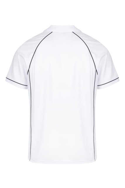 A white men's polo shirt featuring black piping and a logo on the chest area.