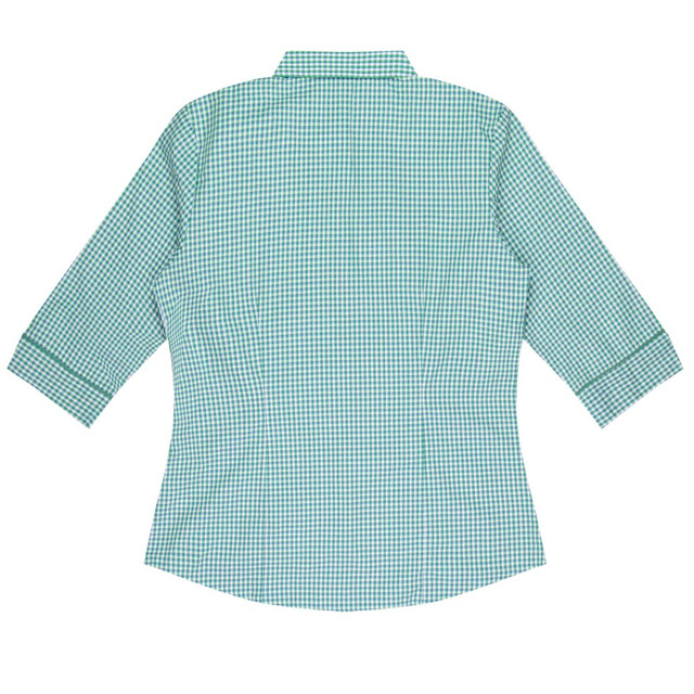 A green and white checked button-up shirt with 3/4 sleeves and a collar. Features a logo on the fabric.
