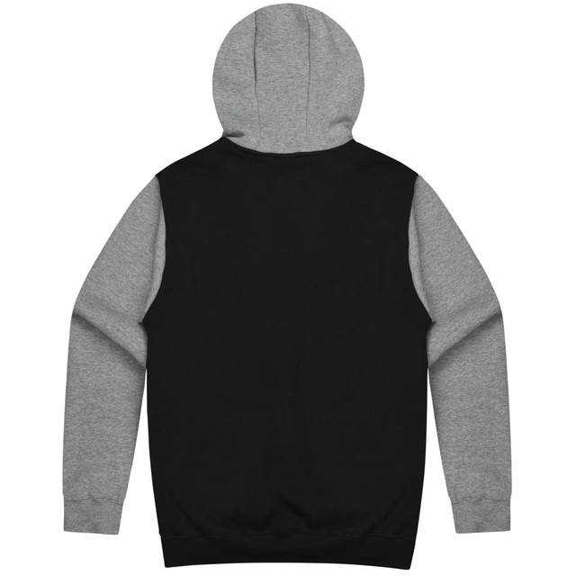 A hoodie featuring a grey hood and sleeves with a black body, complete with a logo on the back.