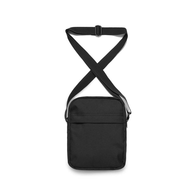 A black crossbody bag with an adjustable strap and a front pocket. It features a logo on the front. A black crossbody bag with an adjustable strap and a front pocket. It features a logo on the front.