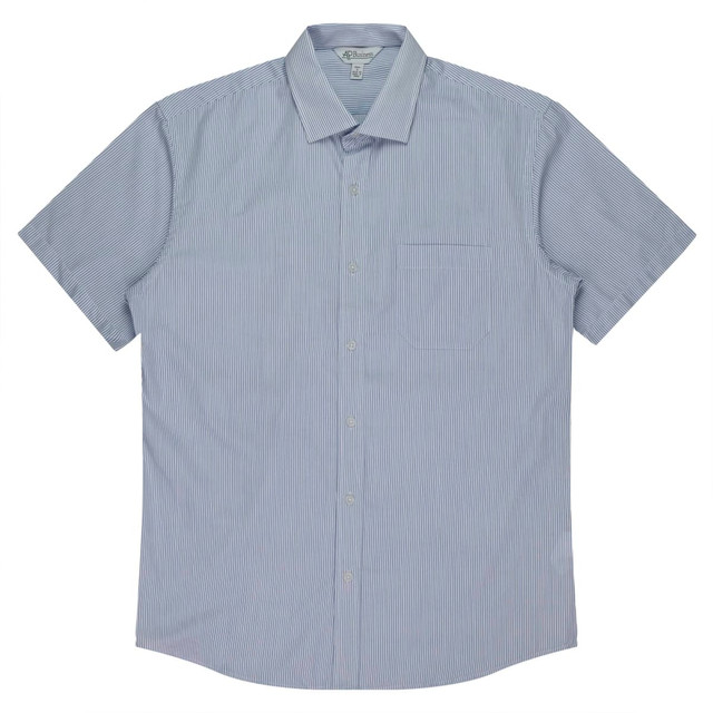 A short sleeve button-up shirt in a blue and white striped pattern, featuring a chest pocket and a collar.