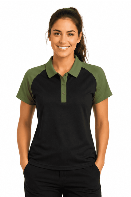 A polo shirt in black with green sleeves, featuring a collar and a central button placket. It includes a logo on the shirt.