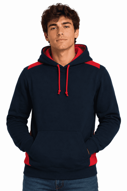 A navy hoodie with red accents, featuring a front pocket and a hood, with a logo present.