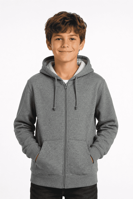 A grey zippered hoodie for kids with a hood and front pockets, featuring a brand logo.