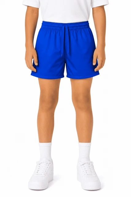 Bright blue shorts with an elastic waistband, designed for kids' rugby, featuring a logo.