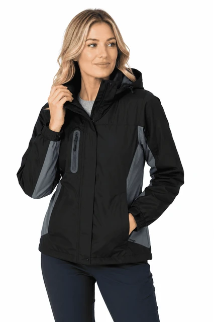A black and grey women's jacket with a hood and zip pockets, featuring a logo.