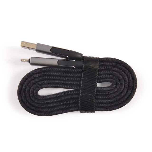A charging cable with a braided black exterior, featuring USB connectors at both ends. A charging cable with a braided black exterior, featuring USB connectors at both ends.