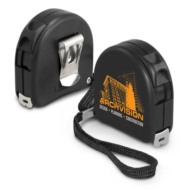 A black locking tape measure with a clip and a strap, featuring an orange logo on one side. A black locking tape measure with a clip and a strap, featuring an orange logo on one side.