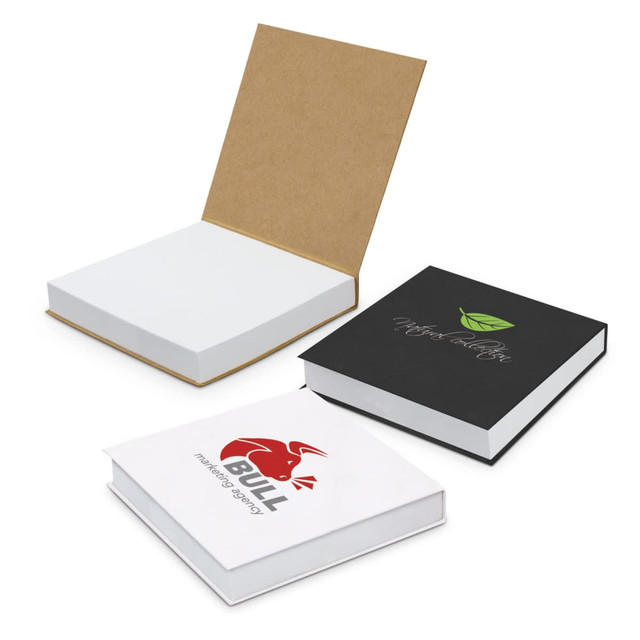 Three sticky note pads in various colours: a brown, black, and white pad, each with a logo on the cover. Three sticky note pads in various colours: a brown, black, and white pad, each with a logo on the cover.